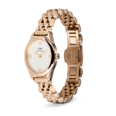 Ophelia Mini Rose Gold ladies watch with an oval rose gold case, white sunray dial, rose gold Roman numerals, and a polished five-link bracelet featuring an open butterfly clasp.