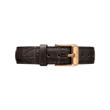 York Strap Rose Gold genuine leather watch strap in dark brown with a croc embossed texture and a rose gold buckle, designed for a secure and stylish fit.