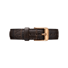 York Strap Rose Gold genuine leather watch strap in dark brown with a croc embossed texture and a rose gold buckle, designed for a secure and stylish fit.