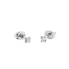 Mirelle Solitaire Stud Earring Silver shown with secure butterfly backs, featuring petite round white cubic zirconia crystals set in polished silver for a minimalist and comfortable everyday style.