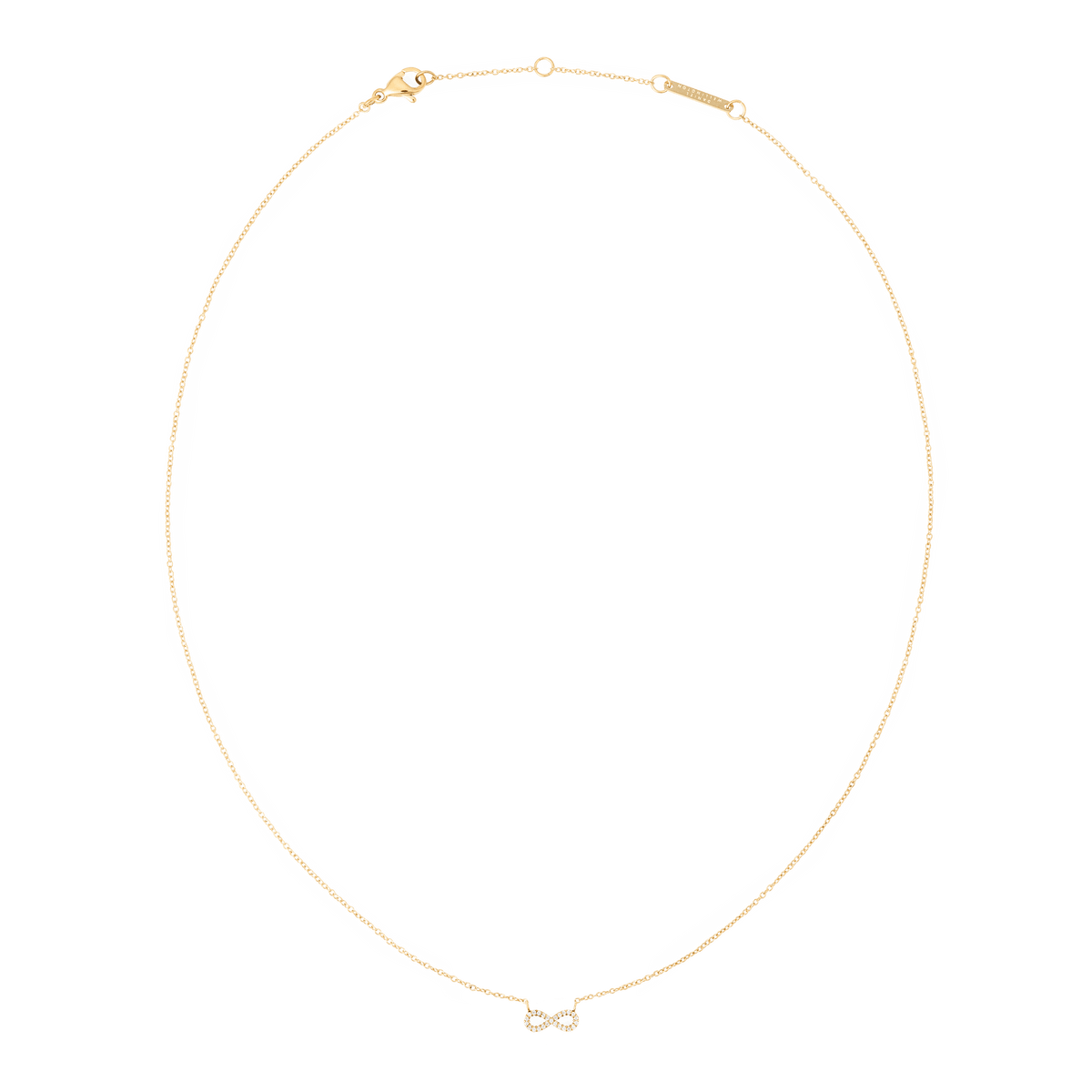 Thin gold chain necklace featuring a delicate infinity pendant set with white cubic zirconia crystals, designed for minimalist style and everyday elegance.