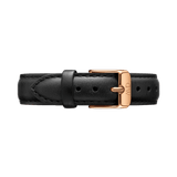 Sheffield Strap Rose Gold features a classic black genuine leather design with neat stitching and a polished rose gold buckle, offering a modern and versatile look for any watch.