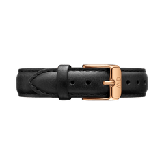 Sheffield Strap Rose Gold features a classic black genuine leather design with neat stitching and a polished rose gold buckle, offering a modern and versatile look for any watch.