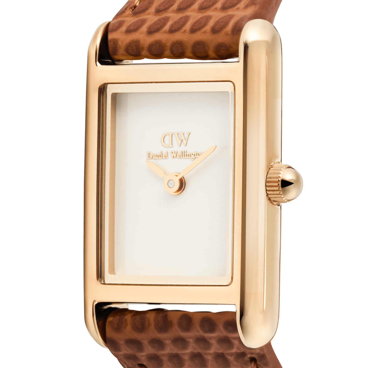 Close-up of the Daniel Wellington Bound Mini Light Brown Lizard Rose Gold watch, showing the rectangular rose gold case, minimalist white dial, and textured brown leather strap with fine lizard grain detail.