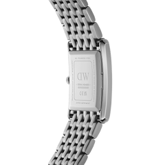 Bound 9-Link Silver ladies watch showing the stainless steel case back, engraved details, and integrated nine-link silver bracelet in a close-up rear view.