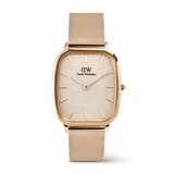 Men’s Marlon Melrose Linen watch featuring a cushion-shaped rose gold stainless steel case, linen-textured dial, minimalist hour markers, and a matching rose gold mesh strap with clasp buckle.