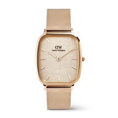 Men’s Marlon Melrose Linen watch featuring a cushion-shaped rose gold stainless steel case, linen-textured dial, minimalist hour markers, and a matching rose gold mesh strap with clasp buckle.