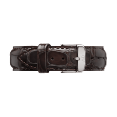 York Strap Silver brown leather watch strap with a glossy crocodile-embossed finish, polished silver buckle, and sturdy stitching, designed for a sophisticated and comfortable fit.