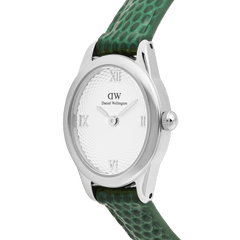 Close-up of the Daniel Wellington Ophelia Mini Green Lizard White Guilloché Silver watch, showing the textured white guilloché dial with Roman numerals and a green lizard-embossed leather strap.