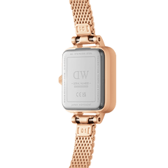 Back view of the Quadro Mini Lumine Bezel Rose Gold ladies watch, showing the stainless steel case, engraved details, and rose gold mesh strap with secure clasp.
