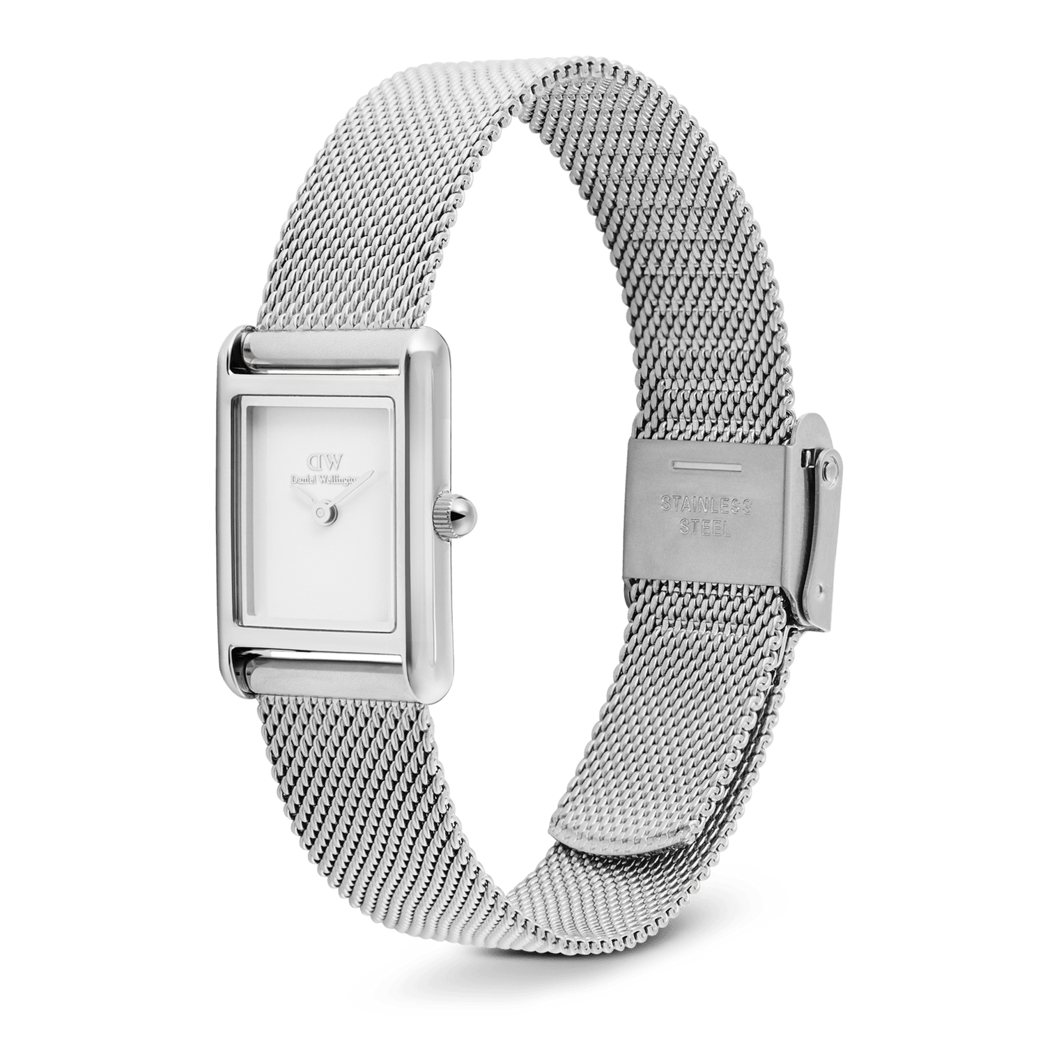 Bound Mini Sterling ladies watch with a rectangular silver-tone case, minimalist white dial, and an adjustable stainless steel mesh strap featuring a secure fold-over clasp.