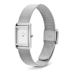 Bound Mini Sterling ladies watch with a rectangular silver-tone case, minimalist white dial, and an adjustable stainless steel mesh strap featuring a secure fold-over clasp.