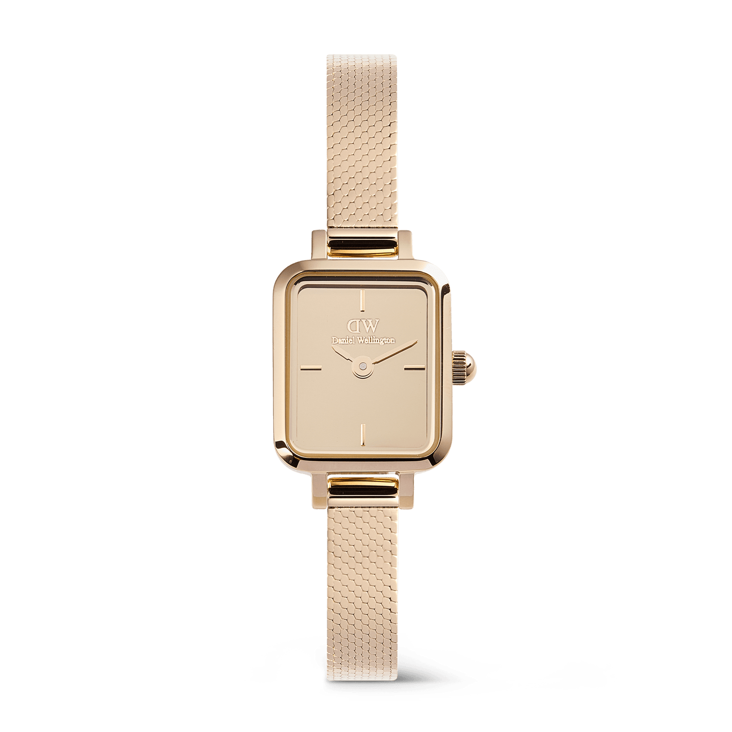 Quadro Mini Reflection Rose Gold ladies watch featuring a slim rectangular case, mirror-effect dial, and polished rose gold mesh strap, designed for petite wrists and everyday elegance.