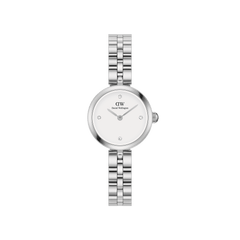 Elan Lumine Silver ladies watch with a petite 22mm stainless steel case, minimalist white dial, crystal markers, and a classic three-link silver bracelet.