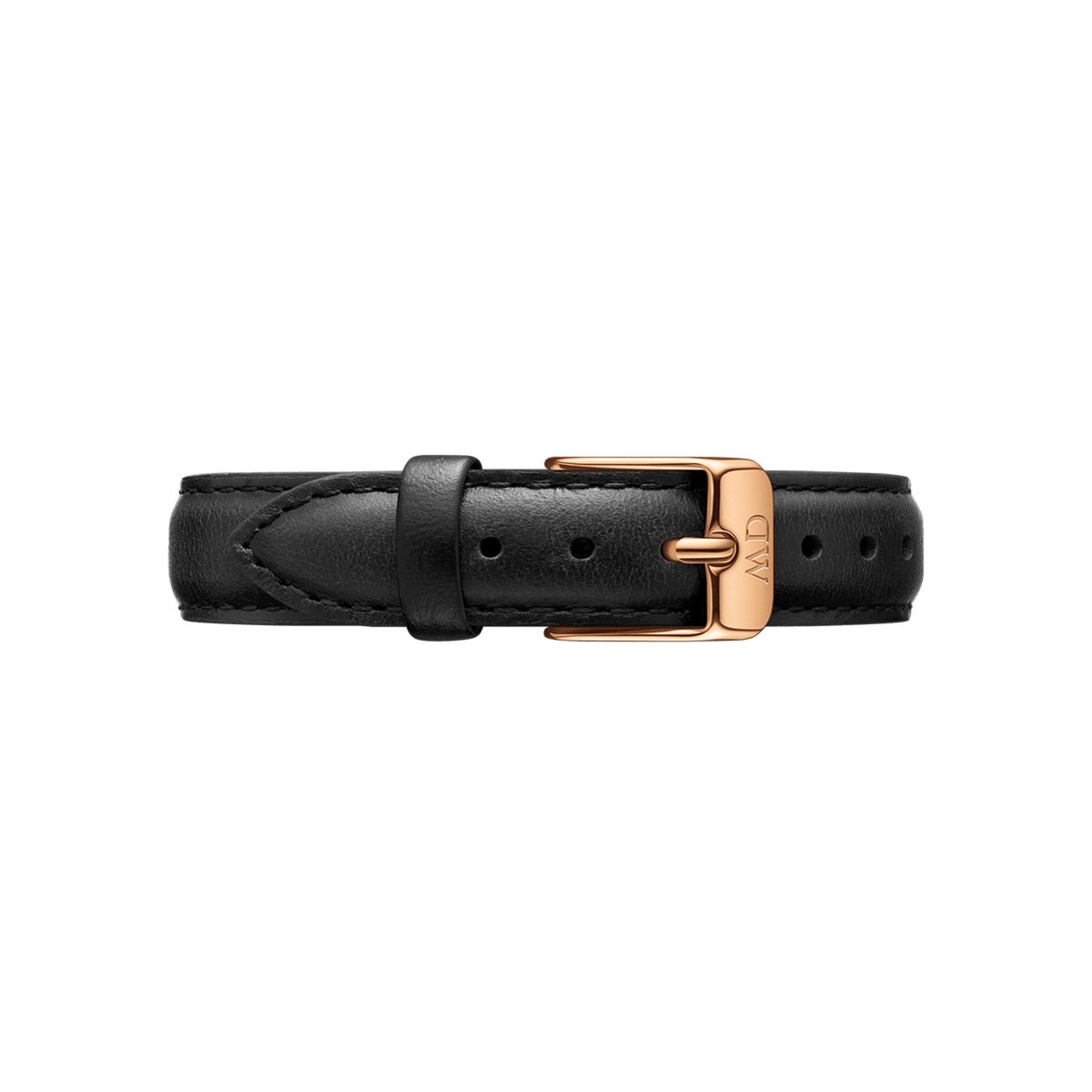 Sheffield Strap Rose Gold in black genuine leather with fine stitching and a rose gold buckle, designed to fit a range of watch sizes for a refined and versatile look.
