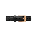 Sheffield Strap Rose Gold in black genuine leather with fine stitching and a rose gold buckle, designed to fit a range of watch sizes for a refined and versatile look.