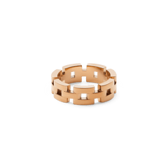 Rose gold chain link ring with a geometric design and polished finish, crafted from stainless steel and featuring open links for a modern, breathable look.