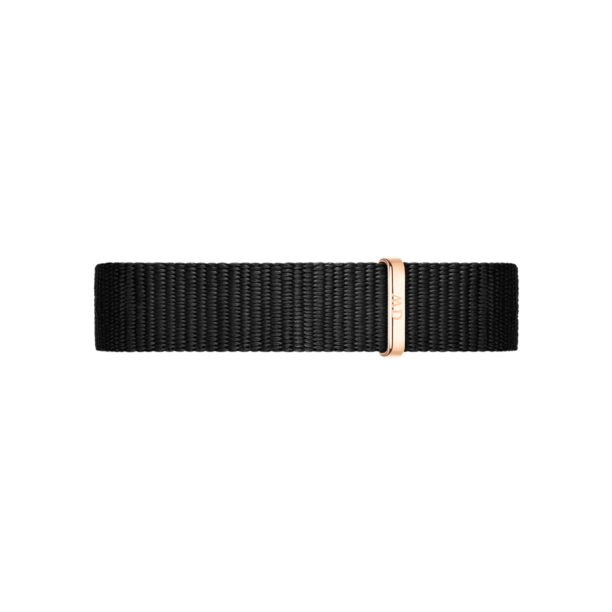 Cornwall Strap Rose Gold displays a minimalist black NATO-style watch strap in woven polyester, finished with a rose gold buckle for a contemporary and versatile look.