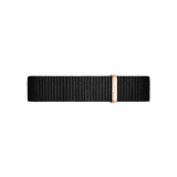 Cornwall Strap Rose Gold displays a minimalist black NATO-style watch strap in woven polyester, finished with a rose gold buckle for a contemporary and versatile look.