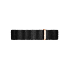 Cornwall Strap Rose Gold displays a minimalist black NATO-style watch strap in woven polyester, finished with a rose gold buckle for a contemporary and versatile look.