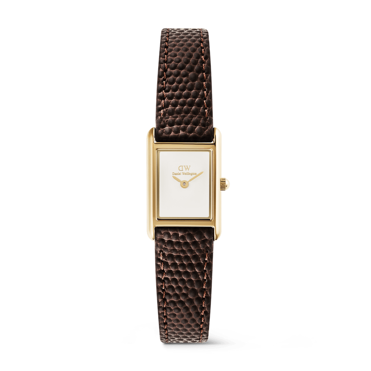 Petite rectangular gold watch with a white dial and a dark brown lizard grain leather strap, featuring minimalist styling suitable for everyday wear.
