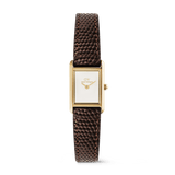 Petite rectangular gold watch with a white dial and a dark brown lizard grain leather strap, featuring minimalist styling suitable for everyday wear.