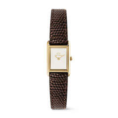 Petite rectangular gold watch with a white dial and a dark brown lizard grain leather strap, featuring minimalist styling suitable for everyday wear.