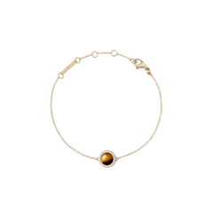 Delicate gold bracelet featuring a central tiger eye stone framed by a halo of white cubic zirconia, with an adjustable fine chain and secure lobster clasp.