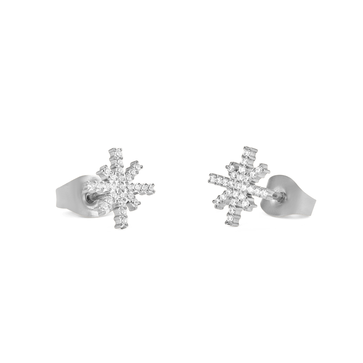Mirelle Star Earring Silver shown with butterfly backs, featuring star-shaped studs adorned with white cubic zirconia crystals and a polished silver finish, highlighting their petite size and secure fit.