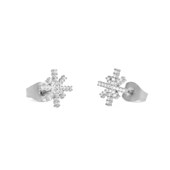 Mirelle Star Earring Silver shown with butterfly backs, featuring star-shaped studs adorned with white cubic zirconia crystals and a polished silver finish, highlighting their petite size and secure fit.