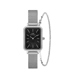 Rectangular silver mesh watch with a black dial and crystal bezel, paired with a delicate twisted silver bracelet, both crafted from stainless steel for a modern, elegant look.
