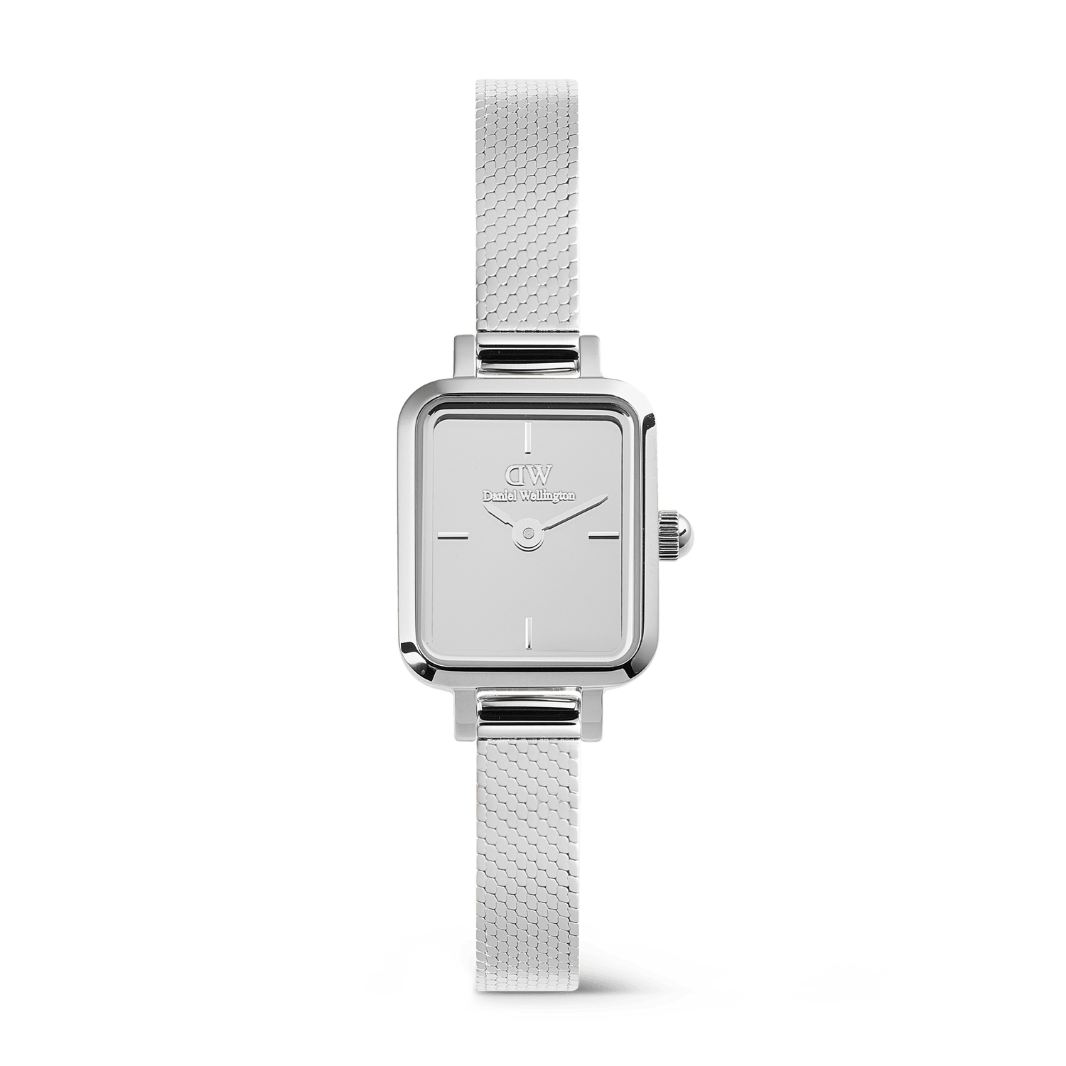 Quadro Mini Reflection Silver ladies watch with a slim rectangular case, polished silver mesh strap, and minimalist mirror-effect dial, designed for a refined and modern look.