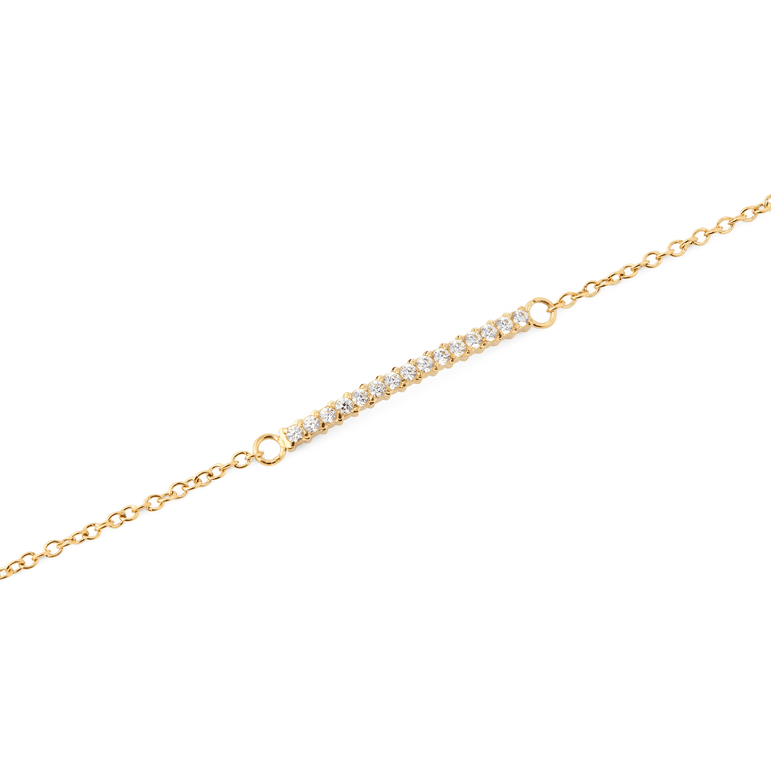 Close-up of the Mirelle Eternity Bracelet Gold, highlighting the slim gold chain and the delicate bar set with sparkling white cubic zirconia stones for a refined, minimalist look.