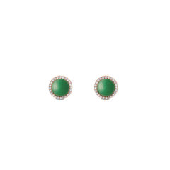 A pair of Daniel Wellington Audrey Earrings Jade Rose Gold featuring round green jade centres, each surrounded by a halo of sparkling white cubic zirconia set in rose gold.