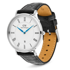 Classic Roman Numerals Date Black Croc Belly Silver watch with a polished silver case, white dial, black Roman numerals, blue hands, and a black croc-embossed genuine leather strap with a pin buckle closure.