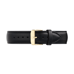 Black leather watch strap with a tapered design and polished gold buckle, featuring subtle stitching and a smooth finish, suitable for a 21mm fit.