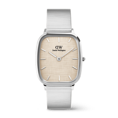 Marlon Wire Linen Silver men’s watch with a rectangular stainless steel case, soft yellow linen-textured dial, minimalist hour markers, and a silver mesh strap.