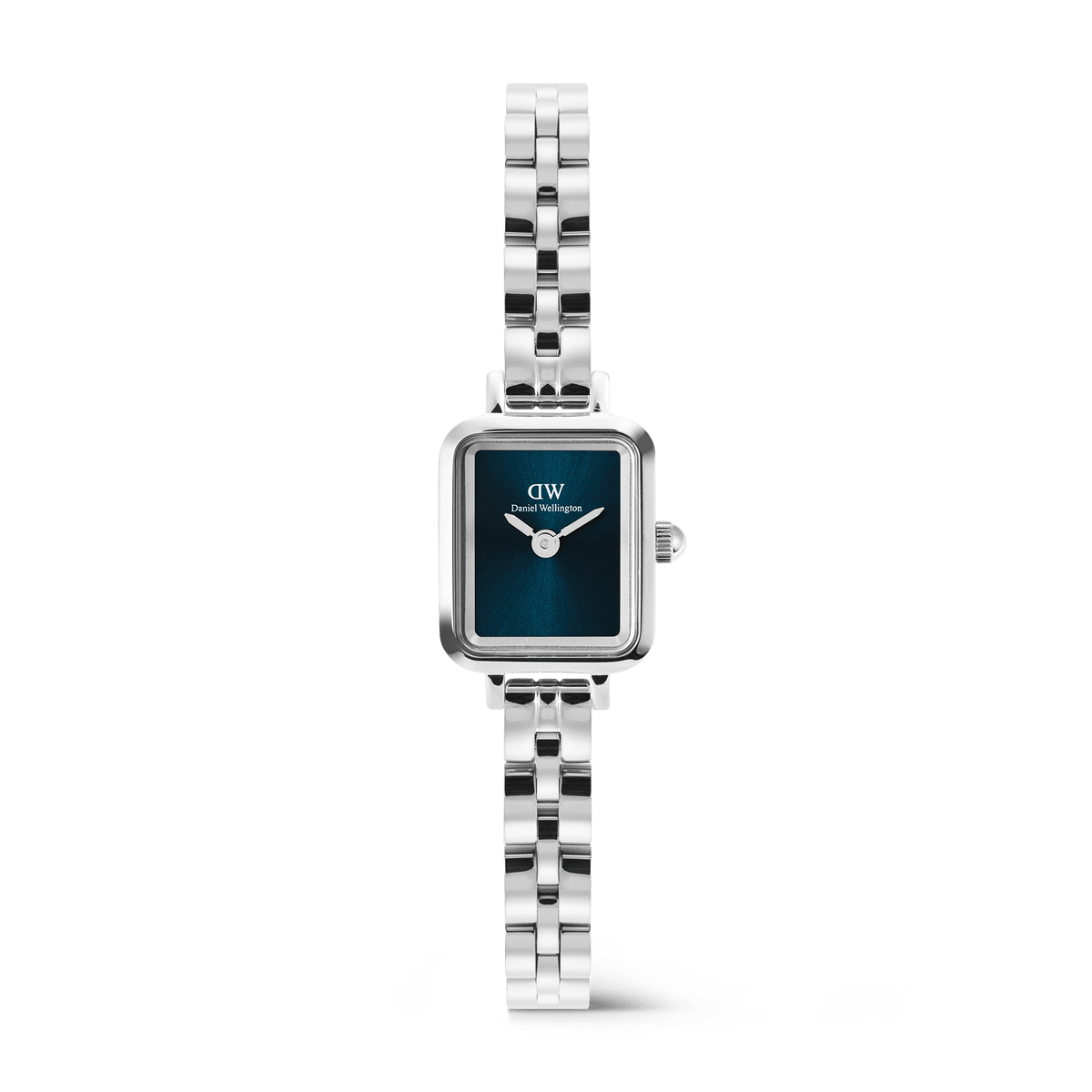 Quadro Mini Arch 3-link Arctic Sunray Silver ladies watch featuring a petite rectangular case, polished silver three-link bracelet, and a minimalist blue dial.