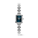 Quadro Mini Arch 3-link Arctic Sunray Silver ladies watch featuring a petite rectangular case, polished silver three-link bracelet, and a minimalist blue dial.