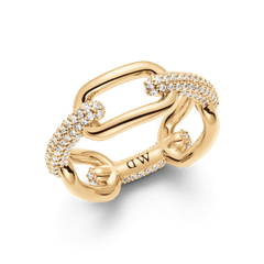Crystal Link Ring Gold with chunky gold-plated links and pavé cubic zirconia crystals, featuring a contemporary link design and polished finish suitable for statement jewellery styling.