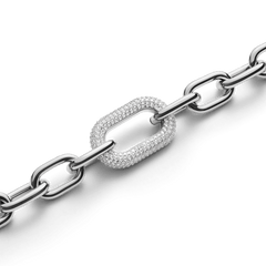 Close-up of the Crystal Link Necklace Silver highlighting its chunky chain and a sparkling, crystal-embellished link crafted from stainless steel and rhodium plated brass.