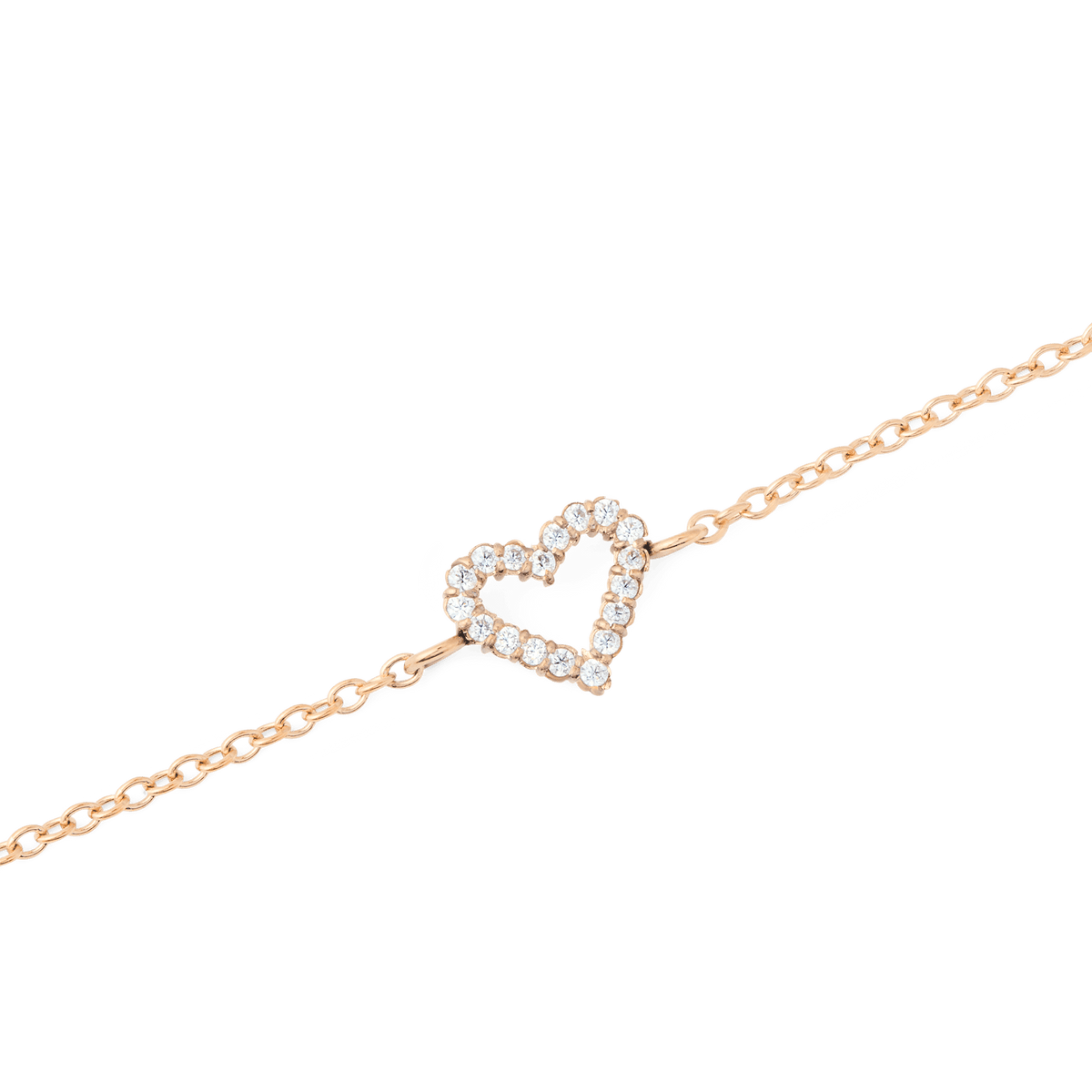 Close-up of the Mirelle Heart Bracelet Rose Gold showing a delicate rose gold chain and an open heart pendant set with sparkling cubic zirconia stones, highlighting its minimalist and elegant design.
