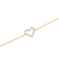Close-up of the Mirelle Heart Bracelet Rose Gold showing a delicate rose gold chain and an open heart pendant set with sparkling cubic zirconia stones, highlighting its minimalist and elegant design.