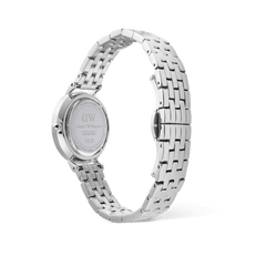 Rear view of the Petite Roman Numerals Date 5-link Silver watch, showing the engraved stainless steel case back and the polished 5-link silver bracelet with butterfly clasp.