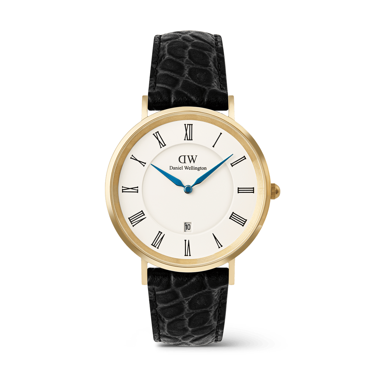 Men’s gold Daniel Wellington Classic Roman Numerals Date watch with a white dial, black Roman numeral markers, blue hands, date display at six o’clock, and a black croc-embossed leather strap.