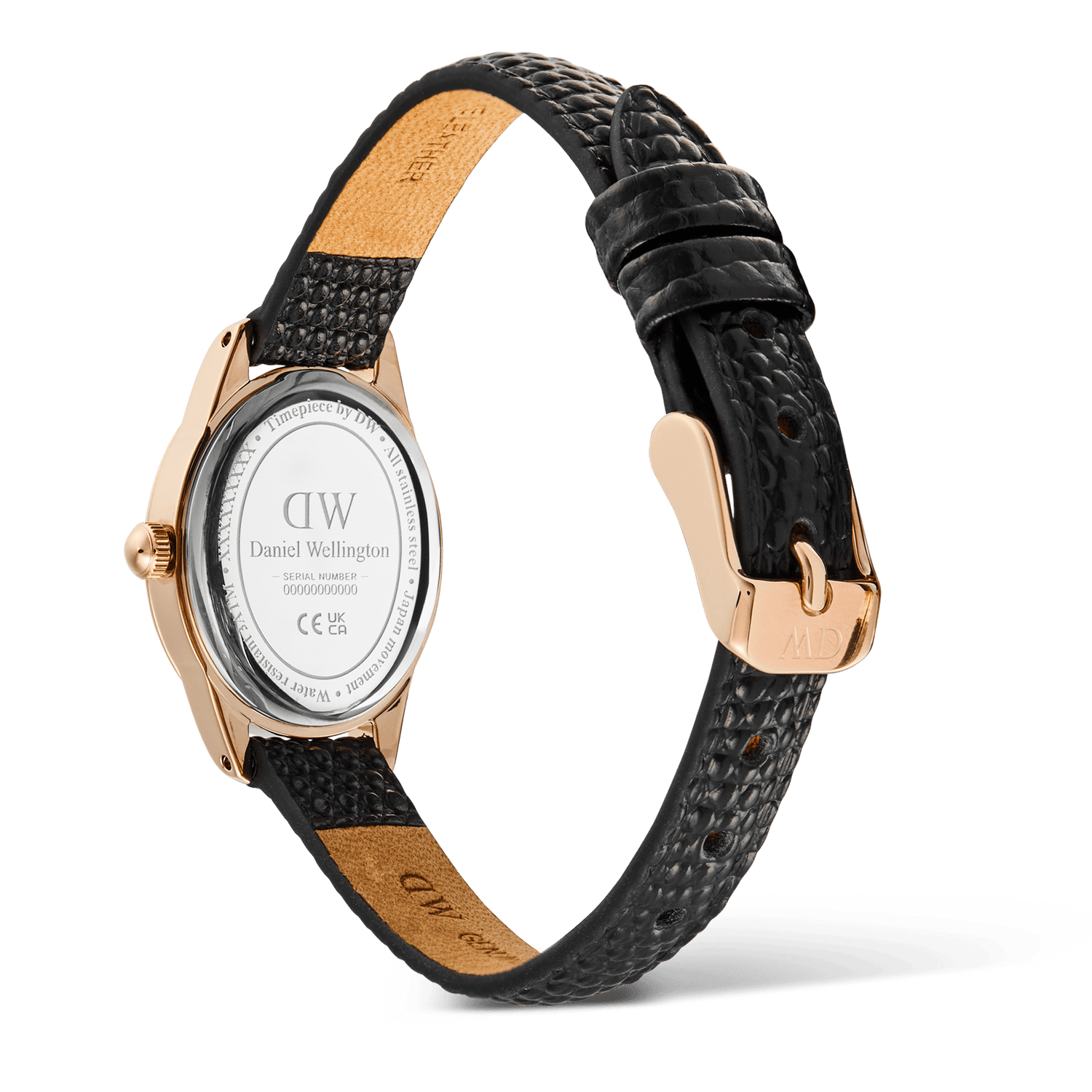 Rear view of the Ophelia Mini Black Lizard White Guilloché Rose Gold watch, highlighting the rose gold pin buckle, genuine black lizard-embossed leather strap, and engraved stainless steel case back.