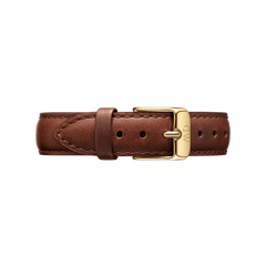 St Mawes Strap Gold in brown genuine leather with precise stitching and a polished gold buckle, ideal as a stylish and comfortable replacement strap for Daniel Wellington watches.