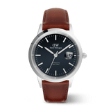 Men’s automatic watch with a polished silver case, arctic blue enamel dial, glow-in-the-dark markers and hands, and a brown Italian leather strap.