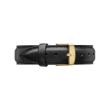Black Sheffield Strap Gold leather watch strap with smooth texture, neat black stitching, and a gold buckle, designed for a comfortable and elegant upgrade to your timepiece.