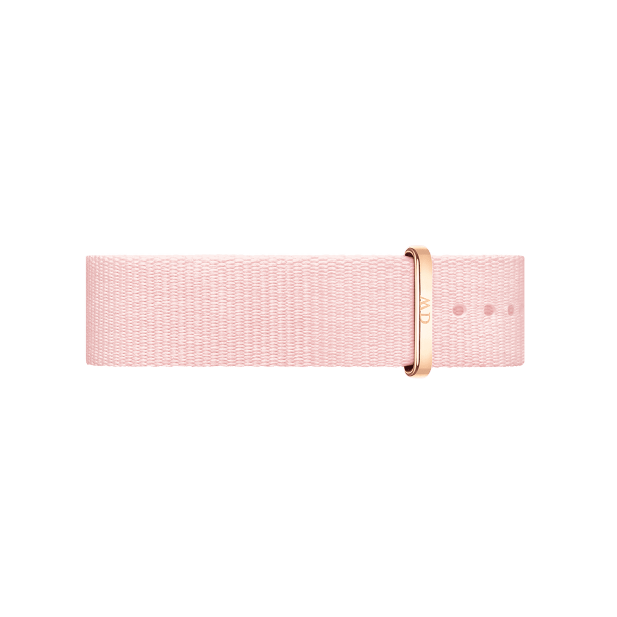 Light pink NATO style watch strap in recycled polyester with a rose gold buckle and multiple adjustment holes, designed for Daniel Wellington watches.